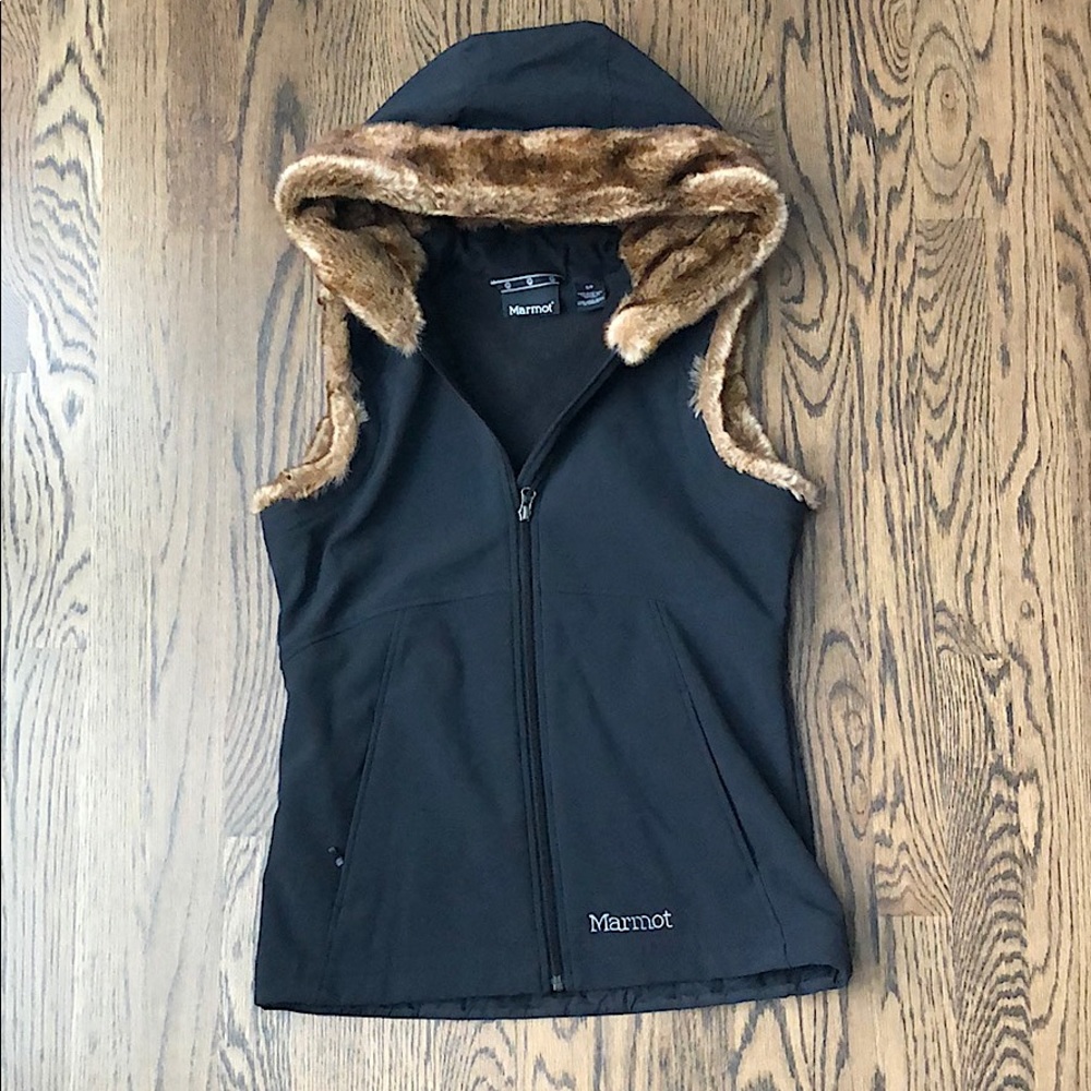 Black Marmot Vest with faux fur lined hood